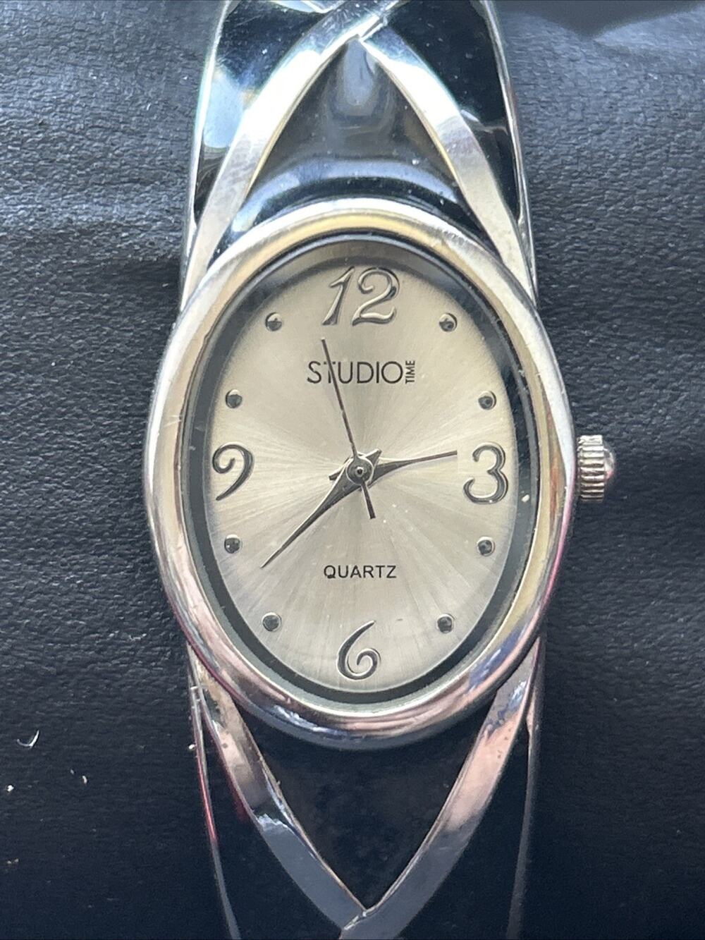 Studio Time Silver Tone And Black Band Women’s Cuff Watch